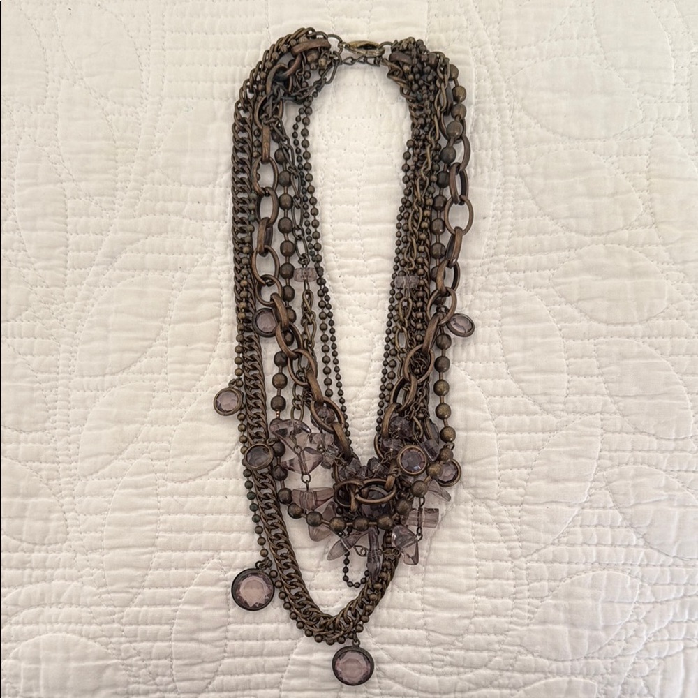 Multi-Layered Bronze Necklace with Purple Accents